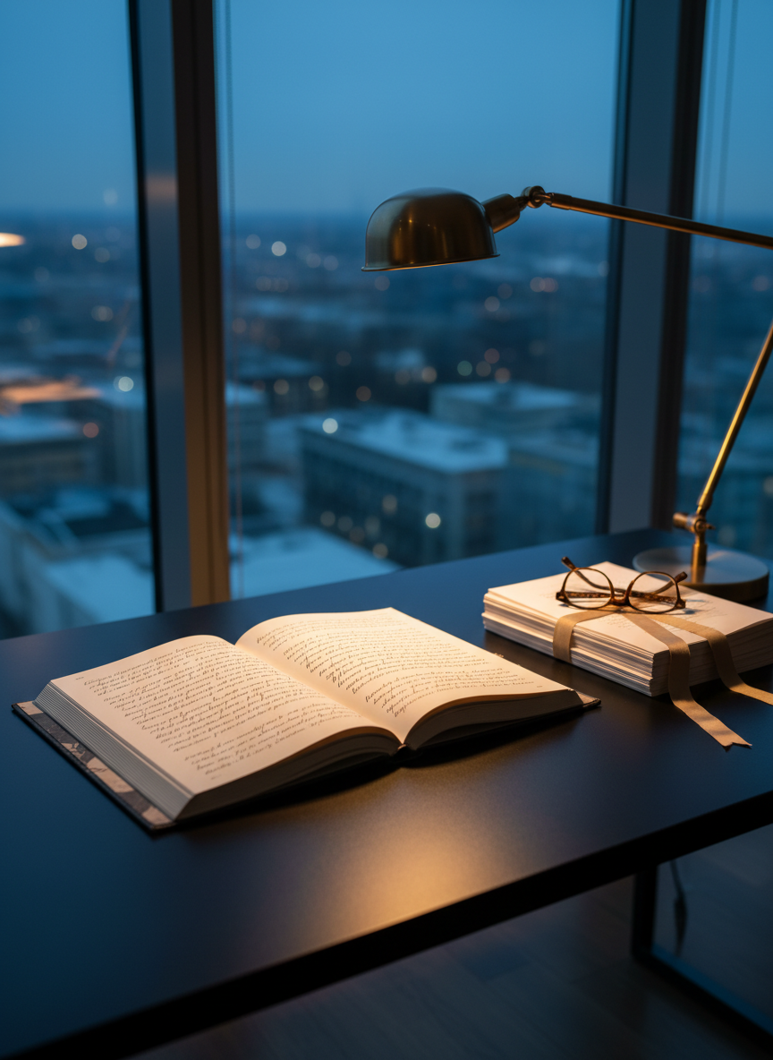 A sophisticated author workspace intended for an “About” or biography page, featuring a large, open hardbound notebook on a matte black desk surface, its cream pages filled with neat, abstract lines suggesting handwritten text. Beside it, a pair of stylish reading glasses rests on a closed manuscript stack, and a modern desk lamp with a brass finish casts focused, warm light over the scene. The background reveals a blurred cityscape at dusk through a tall window, with cool blue tones contrasting the warm interior glow. Photographic realism, captured from a slightly elevated angle with balanced composition, evokes professionalism, dedication to craft, and a quiet, introspective mood without showing any people.