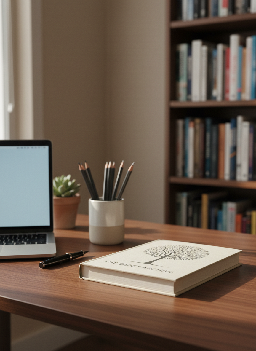 A neatly arranged writing desk set against a soft, neutral wall, designed to represent a professional author’s home page. At the center, a closed hardback book with a minimalist, elegant dust jacket lies on a smooth walnut desktop, next to a sleek laptop, a classic black fountain pen, and a small ceramic cup filled with sharpened pencils. Soft daylight pours in from an unseen side window, creating gentle highlights on the book’s cover and subtle shadows across the desk. In the background, out of focus, are shelves filled with varied book spines. Photographic realism, shot at eye level with a shallow depth of field, creates a calm, sophisticated, and welcoming atmosphere for a published author’s personal website.